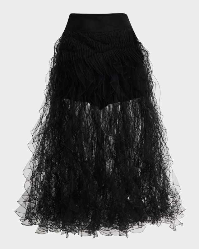 Cascading-Ruffles Tulle Midi Skirt